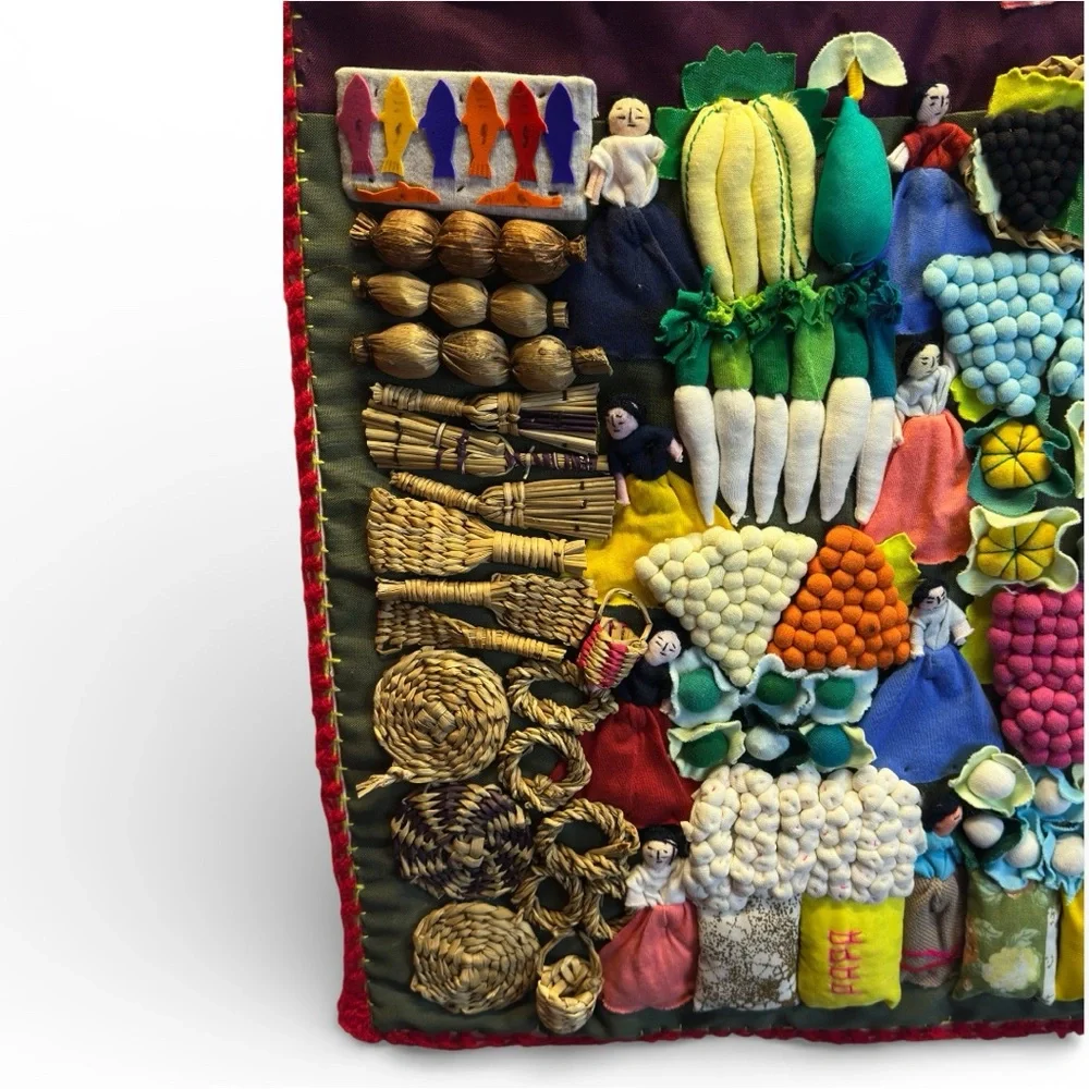Lg. Vtg 3D Peruvian Arpillera Mercado Andean Llama FolkArt Market Tapestry 19x37